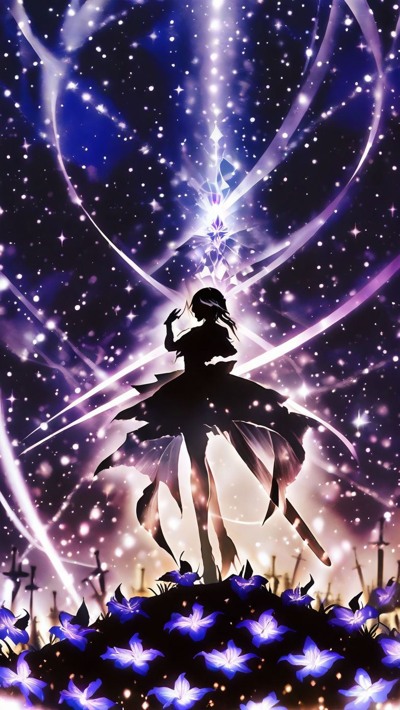 beautiful on a beautiful star-filled night, a insane crazy purple iris is cutting through the darkness with a sword of light, (silhouette), harada miyuki style, masterpiece, best quality, <lora:harada_miyuki_style:1>