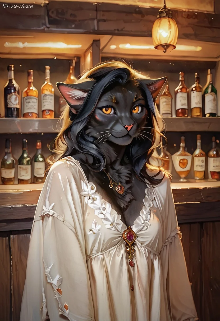score_9, score_8_up, score_7_up, realistic, slender anthro female cat, (folded ears), (flat ears), (frontview), golden eyes, black fur, furry, fluffy fur, cat taill, elegant dress, bar, furry hands, smile ,watercolor \(medium\), traditional media, wavy black hair, voluminous black hair, long black hair,