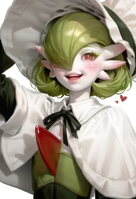 score_9, score_8_up, score_7_up, source_anime, hi res, masterpiece, best quality, highres, Nameless_Style, 1girl, adjusting_headwear, arm_up, blush, bob_cut, bonnet, clothed_pokemon, flat_chest, gardevoir_\(fashionable\), green_hair, green_skin, hair_over_one_eye, happy, hat_flower, heart, highres, looking_at_viewer, one_eye_covered, open_mouth, red_eyes, red_flower, red_trim, short_hair, smile, solo, two-tone_skin, white_capelet, white_hat, white_skin