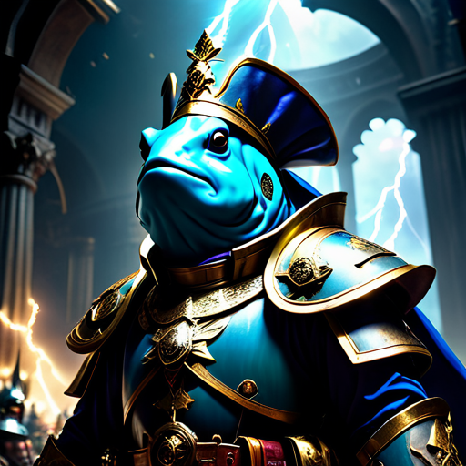 A very funny scene with a fish dressed as the emperor of humanity from warhammer 40k, realistic, cinematic lighting. award winning photo. dramatic. highly detailed art. 4k uhd. realistic. sharp focus. epic pose. moody lighting. epic fantasy style. low angle. cinematic lightning and thomas ratio composition. magical atmosphere, hyper realism, matte painting, <lora:Details:1>