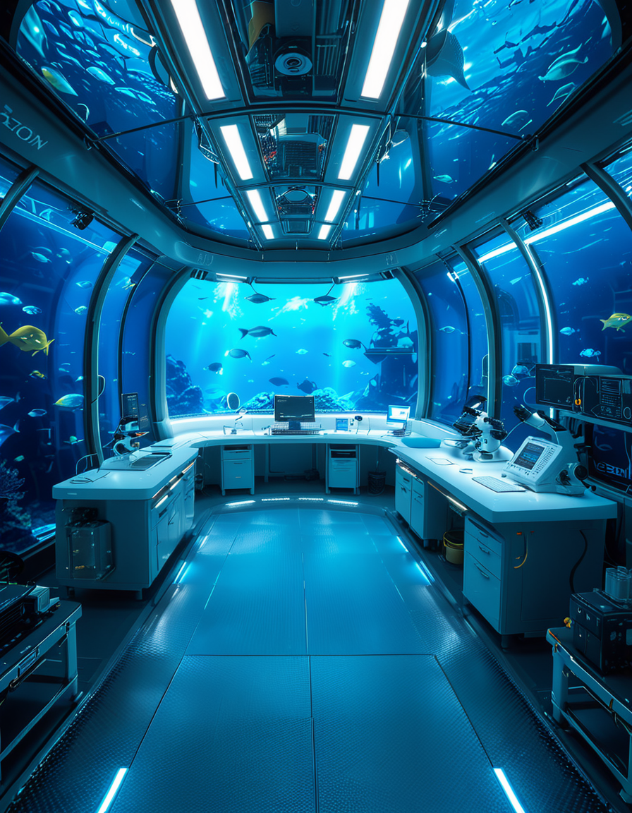 A futuristic underwater research laboratory,underwater research l4b0r4t0ry, located deep beneath the ocean's surface, surrounded by vibrant marine life and illuminated by soft, bioluminescent lighting. The laboratory features large, reinforced glass domes offering a panoramic view of the surrounding blue abyss, with schools of colorful fish and rays of sunlight filtering through the water above. Inside, advanced scientific equipment, glowing computer screens, and researchers in modern wetsuits or lab coats are visible, conducting experiments. The structure is sleek and metallic, with curved, aerodynamic designs to withstand water pressure. Coral reefs and marine plants grow nearby, adding natural beauty. The lighting is a mix of cool, bluish tones, with faint yellow lights from the laboratory windows creating a contrast. The atmosphere is calm yet futuristic, with a focus on scientific exploration and harmony with the marine environment.
<lora:SDXLFaeTastic2400:0.4> <lora:extremely_detailed:0.4> extremely detailed, <lora:underwater_research_l4b0r4t0ry:1>