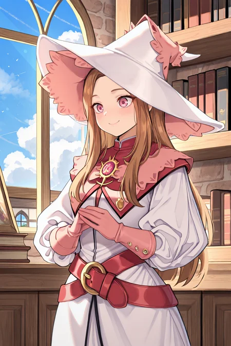 masterpiece, very aesthetic, absurdres, best quality, amazing quality, high resolution, <lora:illustrious_quality_modifiers_masterpieces_v1:0.8> , <lora:ChamIllustriousBackgroundEnhancer:0.5>,  solo,  <lora:RosaryIL:0.8> , RosaDef, brown hair, long hair, pink eyes, white witch hat, white dress, red belt, juliet sleeves, gloves,  interior, office, cowboy shot, smile, medieval fantasy, manhwa style, window, blue sky, clouds, bookshelves