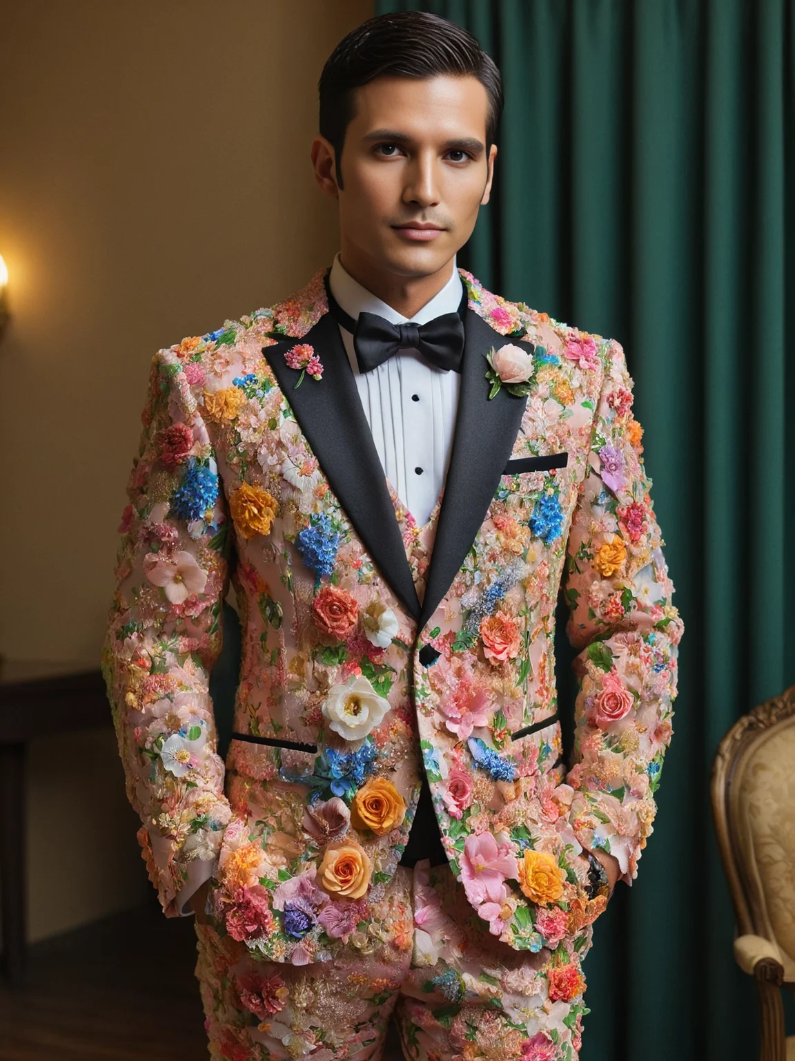 A handsome groom wearing an ais-flowery tuxedo <lora:Flowery_Style_SDXL:1>,<lora:EnvyBetterHiresFixXL01:0:hr=1>