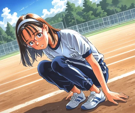 masterpiece, best quality, amazing quality, , 1girl, solo, gym uniform, pants, outdoors, medium hair, glasses, <lora:Kurita Yuugo style ILL-v2:1.2> kuritayuugo,