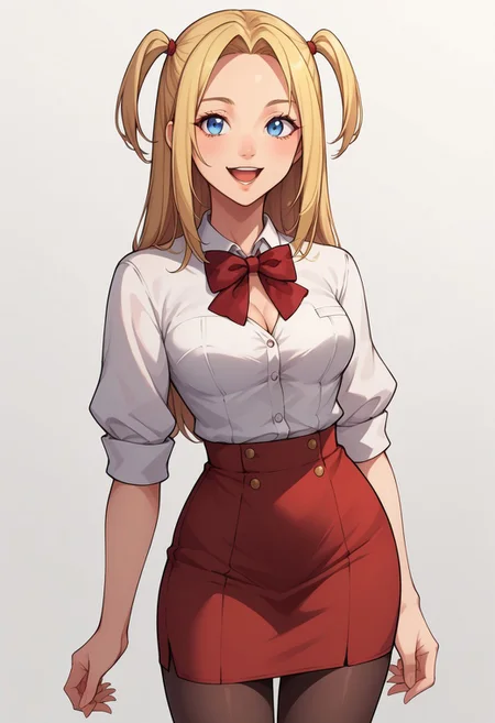 score_9, score_8_up, score_7_up, source_hentai,best quality anime, intricate details,
1girl, skinny body, dark eyes, green hair big topknot forehead,
wearing flight attendant outfit, dark red tailored uniform, white shirt with cleavage and bra, dark red pencil-skirt, pantyhose, dark red bowtie,
blank background,
centered view, closeup shot, smile, open mouth, posing,
amane misa, 1girl, blonde hair, blue eyes, bangs, long hair, two side up