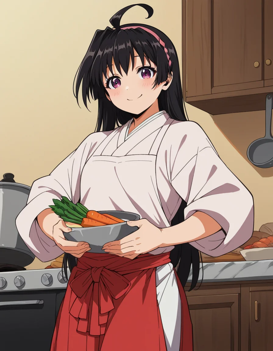 score_9, score_8_up, score_7_up, source_anime, <lora:ayako-mochizuki-s1-ponyxl-lora-nochekaiser:1>, ayako mochizuki, long hair, black hair, purple eyes, ahoge, hairband,, skirt, japanese clothes, hakama, miko, red hakama,, kitchen, cooking, apron, cutting vegetables, home cooking, smile, looking at viewer, hands on stomach, blush,, solo,, cowboy shot, dutch angle