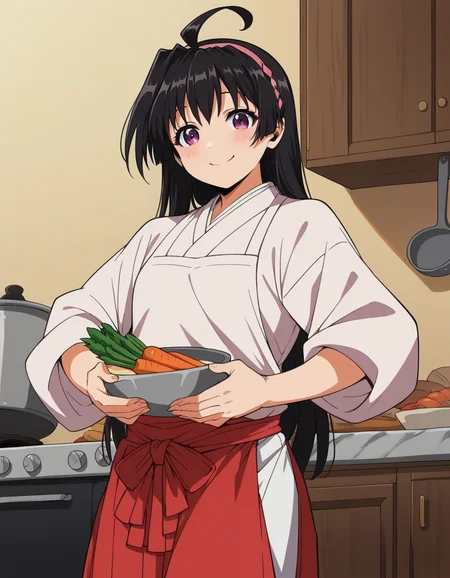 score_9, score_8_up, score_7_up, source_anime, <lora:ayako-mochizuki-s1-ponyxl-lora-nochekaiser:1>, ayako mochizuki, long hair, black hair, purple eyes, ahoge, hairband,, skirt, japanese clothes, hakama, miko, red hakama,, kitchen, cooking, apron, cutting vegetables, home cooking, smile, looking at viewer, hands on stomach, blush,, solo,, cowboy shot, dutch angle