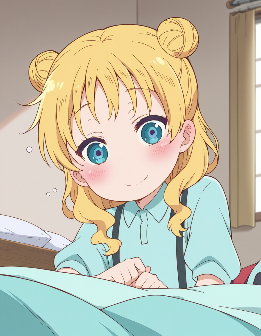 score_9, score_8_up, score_7_up, source_anime, <lora:dragon-chloe-s2-ponyxl-lora-nochekaiser:1>, chloe, blue eyes, blonde hair, hair bun, double bun, child, female child,, skirt, shirt, thighhighs, collared shirt, suspenders, blue shirt,, indoors, bed, bed room, on side, blush, drunk,, smile, , from below, solo,, dutch angle,