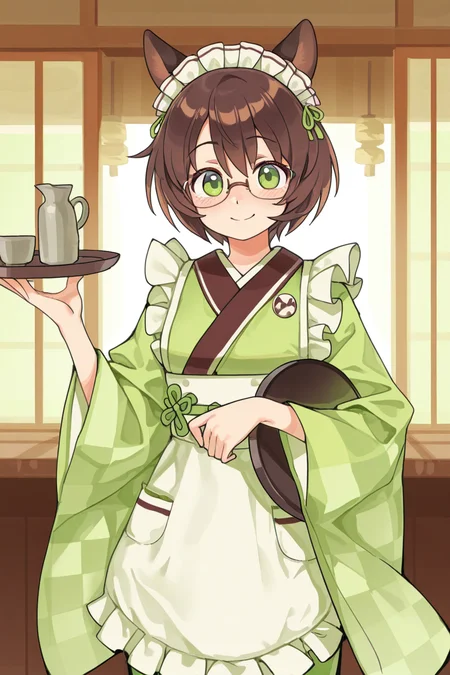 masterpiece, best quality, amazing quality,
<lora:Lango_IL:1> lango, 1girl, animal ears, solo, green kimono, brown hair, japanese clothes, green eyes, tray, holding tray, kimono, holding, wa maid, smile, short hair, apron, glasses, looking at viewer
