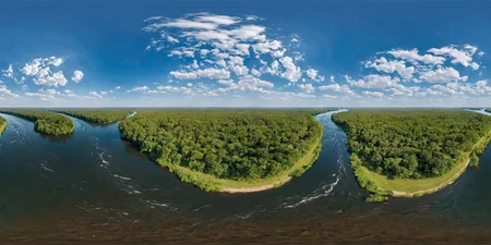 <lora:HMSGèªæå
¨æ¯XL:1>,360panorama,Centered Horizon,No seams,<lora:å
å½±XL:1>,An aerial snapshot capturing the harmonious coexistence of lush green trees and a meandering river. The river curves gracefully through the forest,a ribbon of glistening water reflecting the sunlight. Trees line the riverbanks,their canopies creating a vibrant contrast against the clear blue of the moving water. This tableau from above showcases nature's artful arrangement,inviting an appreciation for the way the river nurtures the landscape and carves out a path through the verdant surroundings,