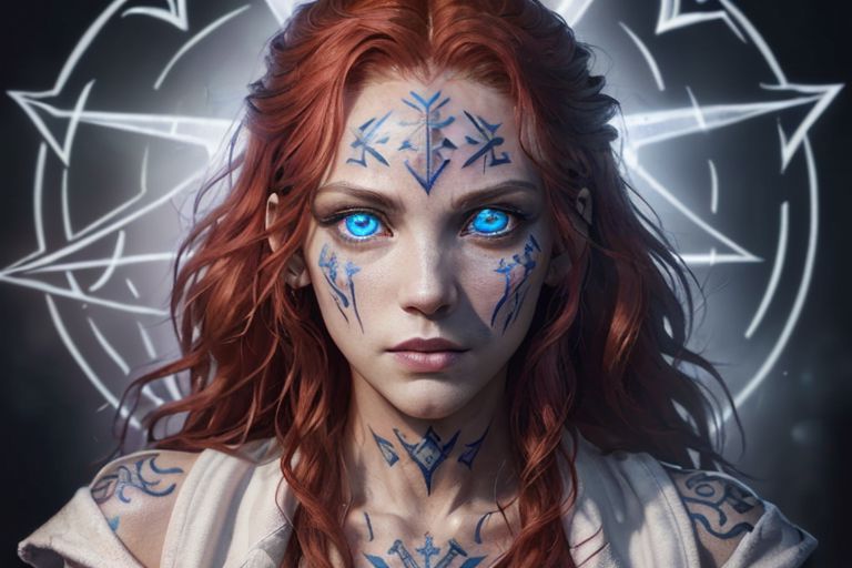 bright red hair, human female, (feminine:1.7), (beautiful face, detailed face:1.6), (beautiful eyes, detailed eyes:1.7), (looking at viewer, eye contact, intense:1.6), (long hair, red hair, curly hair:1.3), , ((masterpiece, best quality, high resolution, realistic, best quality,)), photo realistic, Perfect Face, (detailed face). <lora:GoodHands-vanilla:0.6> <lora:add-detail-xl:0.8>, mage, (Dress White military uniform coat), dagger, rune dagger, glowing runes, , (((glowing magic symbols tattoos, religious tattoos))), ((face tattoos)), glowing tattoos, stone tower in the background