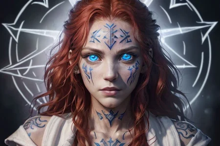 bright red hair, human female, (feminine:1.7), (beautiful face, detailed face:1.6), (beautiful eyes, detailed eyes:1.7), (looking at viewer, eye contact, intense:1.6), (long hair, red hair, curly hair:1.3), , ((masterpiece, best quality, high resolution, realistic, best quality,)), photo realistic, Perfect Face, (detailed face). <lora:GoodHands-vanilla:0.6> <lora:add-detail-xl:0.8>, mage, (Dress White military uniform coat), dagger, rune dagger, glowing runes, , (((glowing magic symbols tattoos, religious tattoos))), ((face tattoos)), glowing tattoos, stone tower in the background