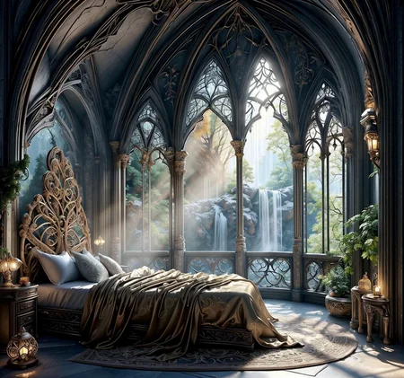 RAW photo, (masterpiece:1.3), subsurface scattering, heavy shadow, (high quality:1.4), (intricate, high detail:1.2), professional photography, HDR, High Dynamic Range, realistic, ultra realistic, photorealistic, high resolution, film photography, ambient lighting, atmospheric effects, <lora:detail_slider_v4:2>, OverallDetail, <lora:ElvenInterior:1>, arch, bed, book, church, day, elfint, fantasy, leaf, light rays, no humans, pillar, pillow, plant, scenery, sunlight, waterfall