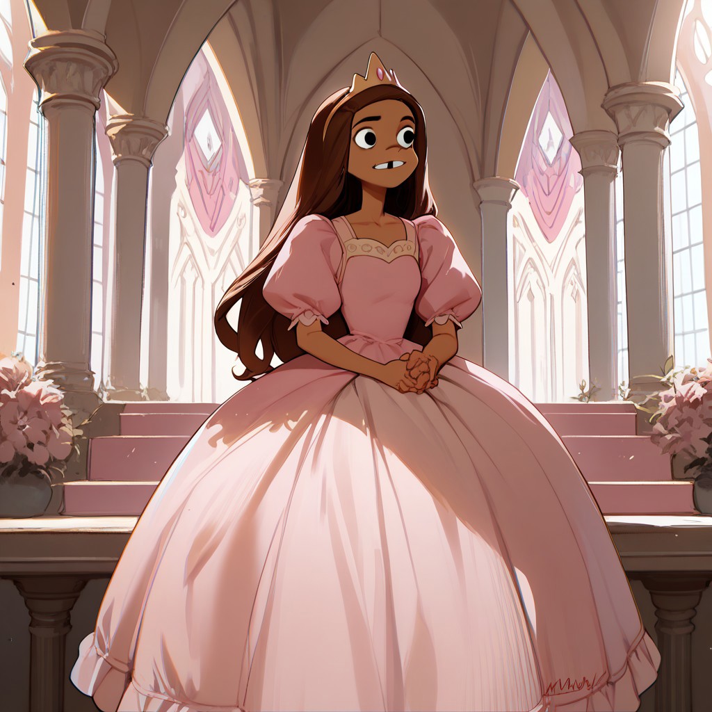 score_9, score_8_up, score_7_up BREAK KimCat, 1girl, long brown hair, tan skin, black eyes, tooth gap, princess dress, pink palace indoors, solo, solo focus,
