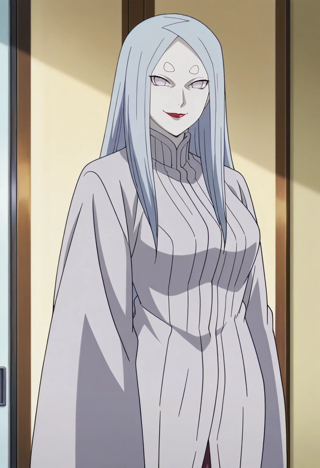 indoors, standing, solo, looking at viewer, smile,
<lora:Kaguya ot IL:0.9>,kaguyaot,mature female, pale skin, grey eyes,no pupils, white hair, parted bangs, bangs, short eyebrows, long hair, medium breasts, red lips, lipstick,
japanese clothes, robe, grey robe,
anime screencap, masterpiece, best quality,