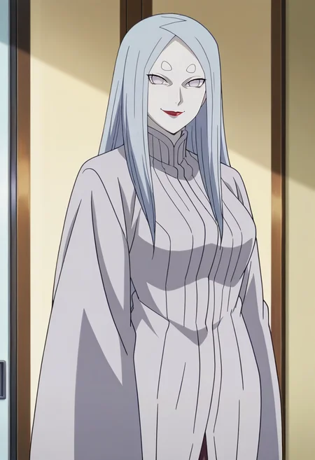 indoors, standing, solo, looking at viewer, smile,
<lora:Kaguya ot IL:0.9>,kaguyaot,mature female, pale skin, grey eyes,no pupils, white hair, parted bangs, bangs, short eyebrows, long hair, medium breasts, red lips, lipstick,
japanese clothes, robe, grey robe,
anime screencap, masterpiece, best quality,