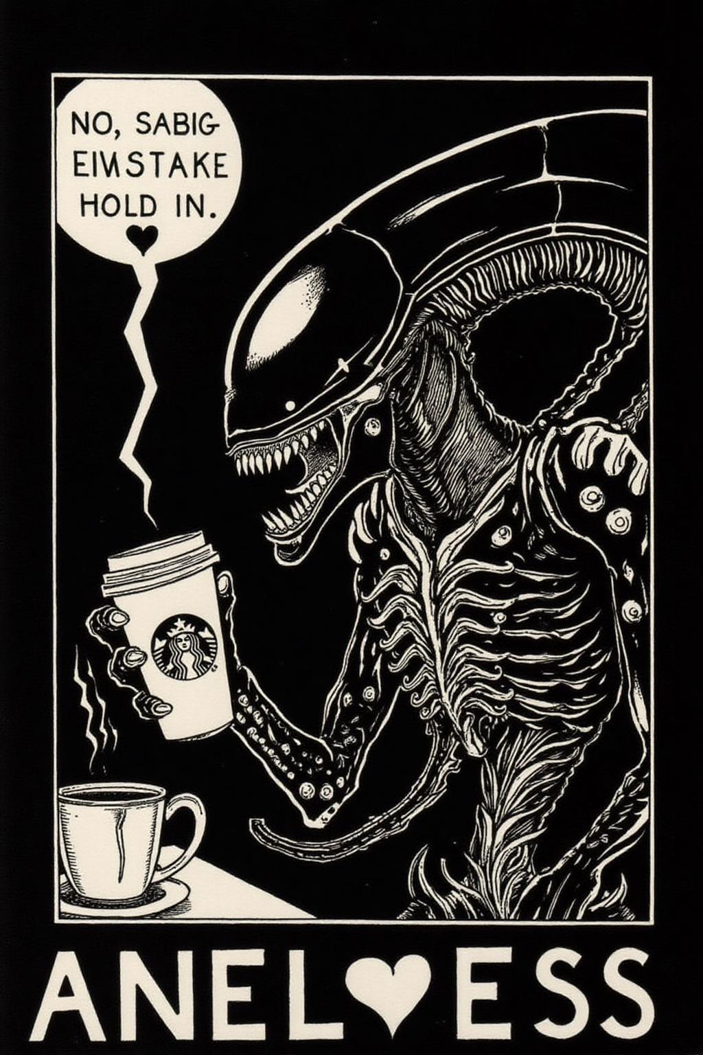 aubea1 illustration. 
xenomorph is grabbing a starbucks mug, black background, vivid, terrifying, growling, scary, dark mood, speech bubble heart, <lora:aubea2_cap_d6a3:1.0><lora:823903602444668195:0>