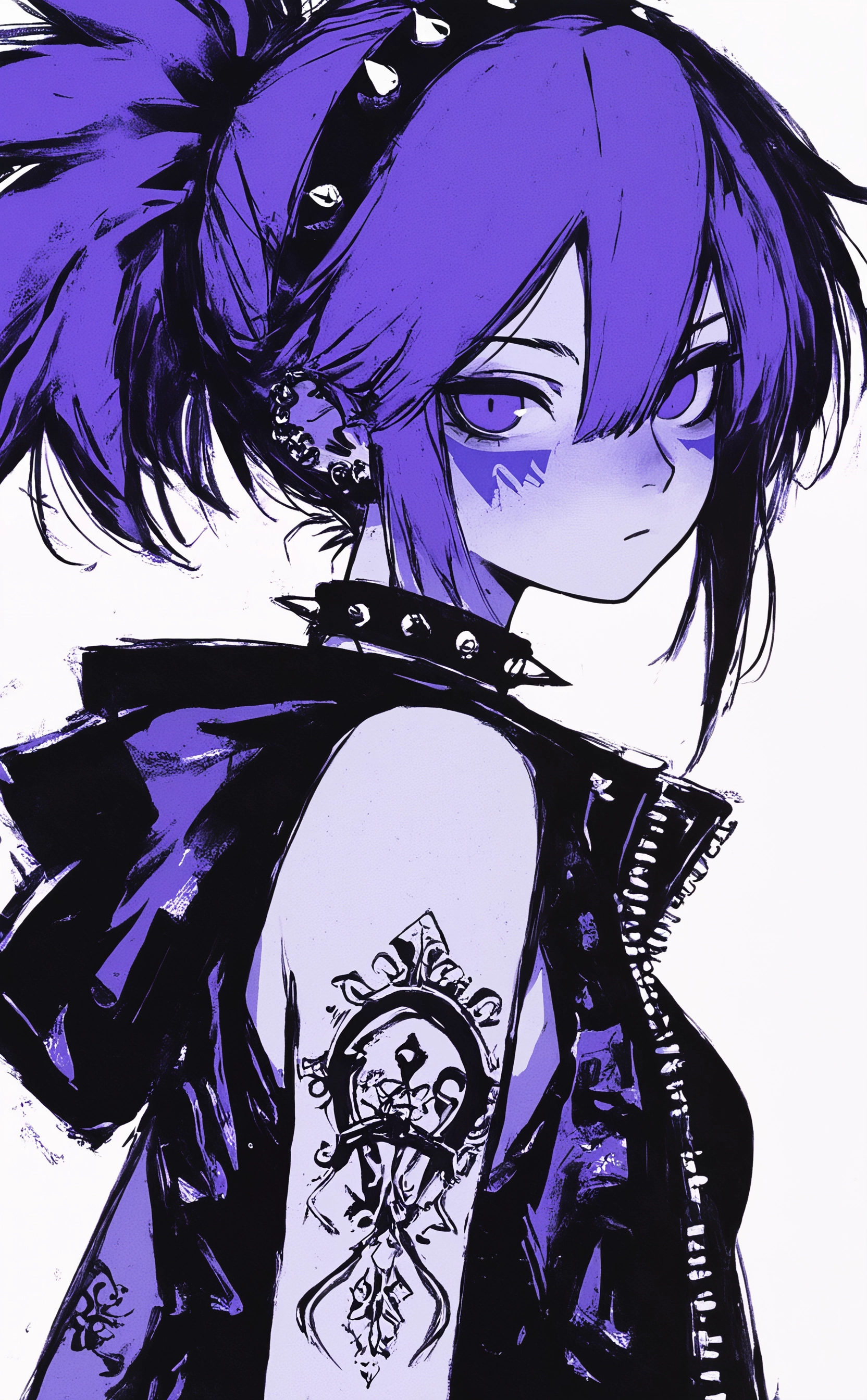 masterpiece, best quality, amazing quality, 1girl, solo, looking at viewer, simple background, white background, gloves, hair between eyes, closed mouth, bare shoulders, jacket, purple eyes, upper body, monochrome, purple hair, ponytail, earrings, hairband, sleeveless, black gloves, hood, from side, collar, bracelet, sleeveless shirt, tattoo, piercing, hood down, ear piercing, spikes, zipper, arm tattoo, half gloves, spiked bracelet, purple theme, sleeveless jacket, Karinami Inkblush mode,thick ink outlines,soft marker gradients,era 2020s indie illustration,(Inkblush style:1.2), grunge_anime_aesthetic <lora:noobai_ep11_stabilizer_v0.138_fp16:0.3> <lora:XXX667:0.6> <lora:96YOTTEA-WAI:0.6> <lora:Karinami_Inkblush_mode_Illustrious_clean:0.5>