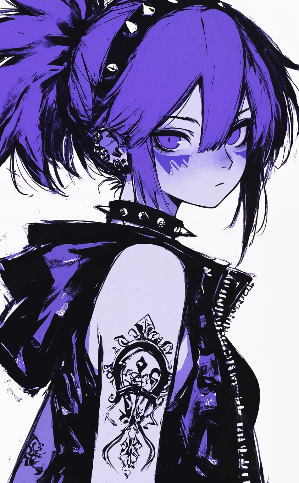 masterpiece, best quality, amazing quality, 1girl, solo, looking at viewer, simple background, white background, gloves, hair between eyes, closed mouth, bare shoulders, jacket, purple eyes, upper body, monochrome, purple hair, ponytail, earrings, hairband, sleeveless, black gloves, hood, from side, collar, bracelet, sleeveless shirt, tattoo, piercing, hood down, ear piercing, spikes, zipper, arm tattoo, half gloves, spiked bracelet, purple theme, sleeveless jacket, Karinami Inkblush mode,thick ink outlines,soft marker gradients,era 2020s indie illustration,(Inkblush style:1.2), grunge_anime_aesthetic <lora:noobai_ep11_stabilizer_v0.138_fp16:0.3> <lora:XXX667:0.6> <lora:96YOTTEA-WAI:0.6> <lora:Karinami_Inkblush_mode_Illustrious_clean:0.5>