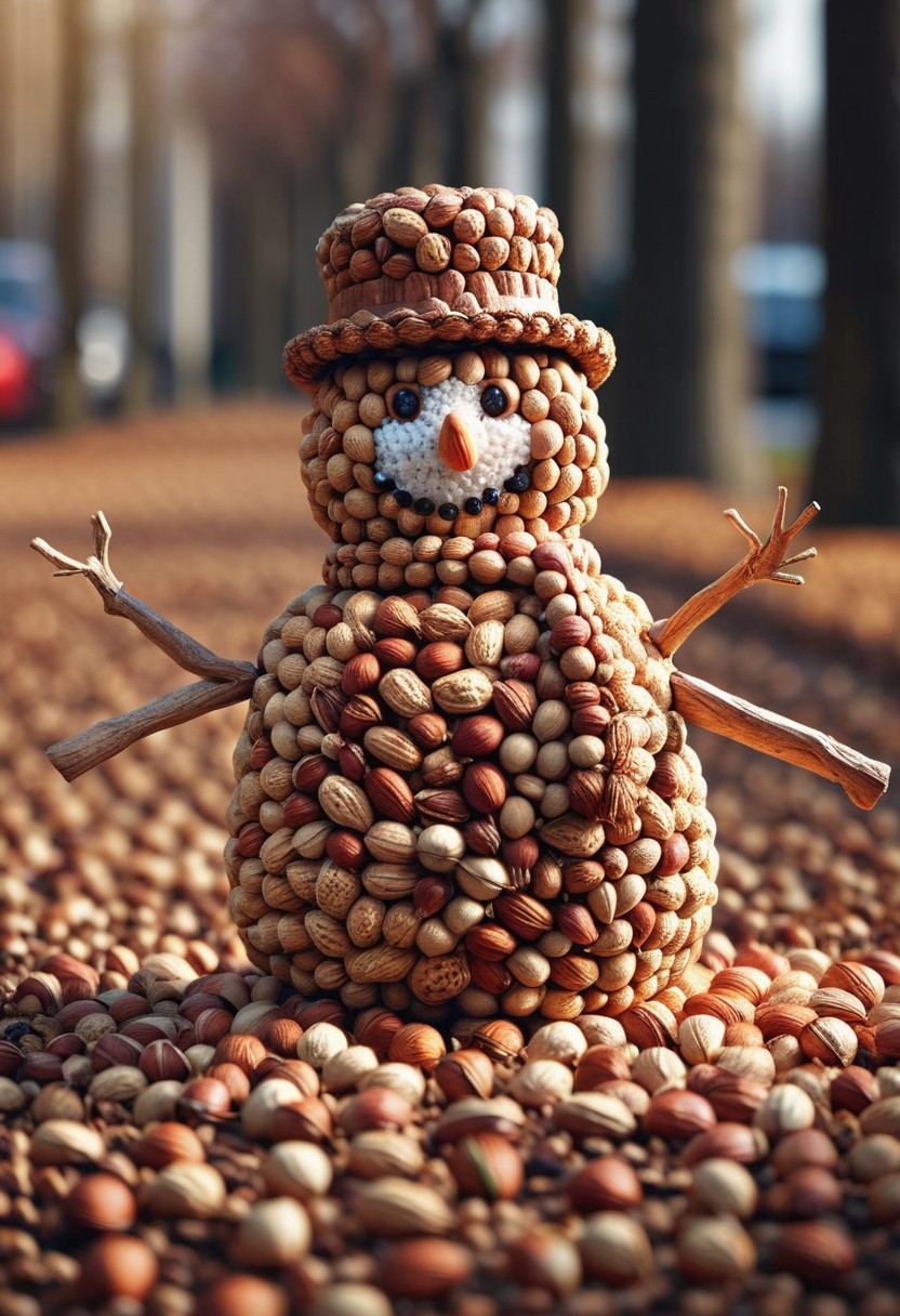 nutstylesnut, snowman made of nuts, nuts on the ground,
small town,
bokeh, professional 4k highly detailed, Canon 5d mark 4, moody lighting