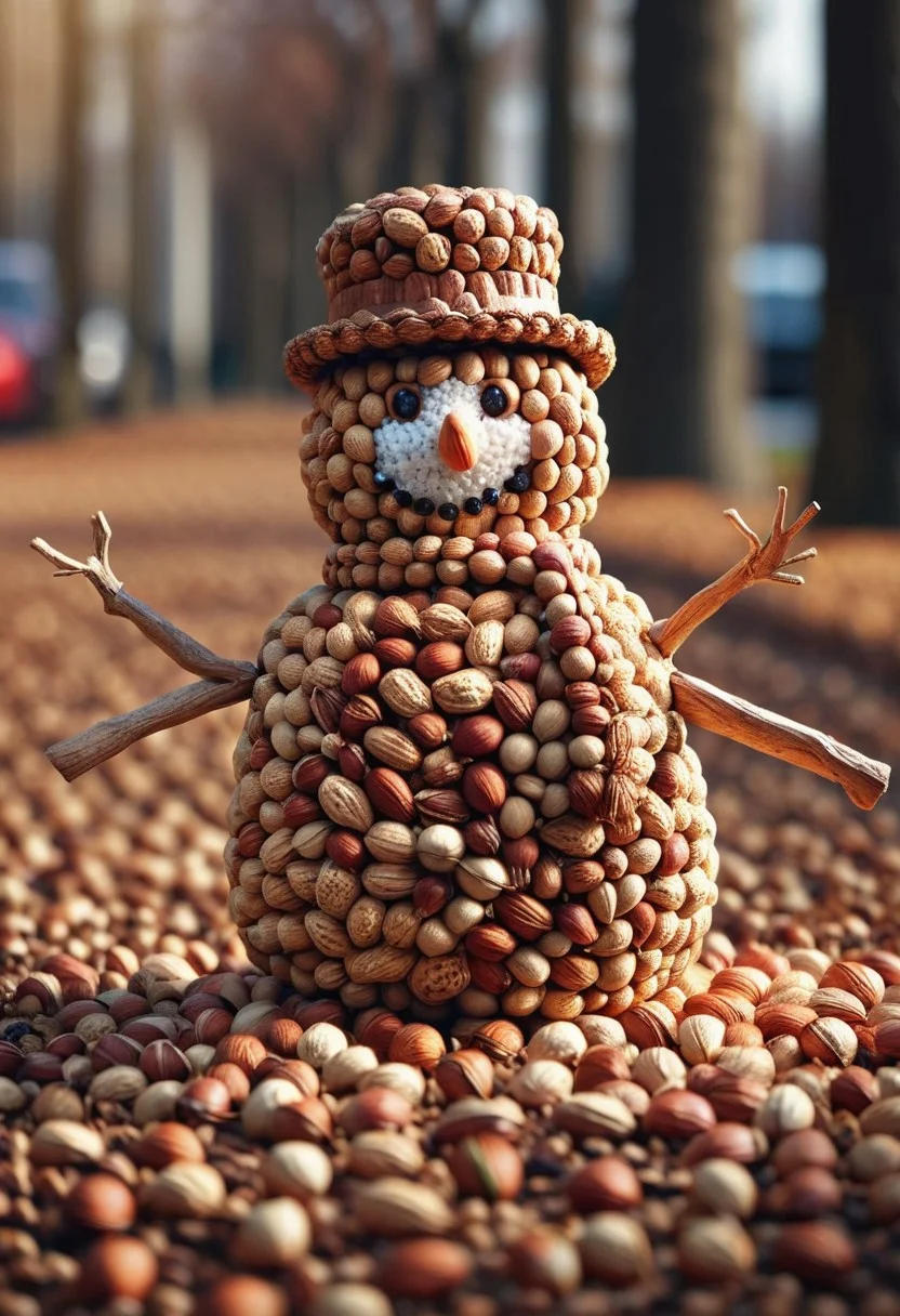 nutstylesnut, snowman made of nuts, nuts on the ground,
small town,
bokeh, professional 4k highly detailed, Canon 5d mark 4, moody lighting