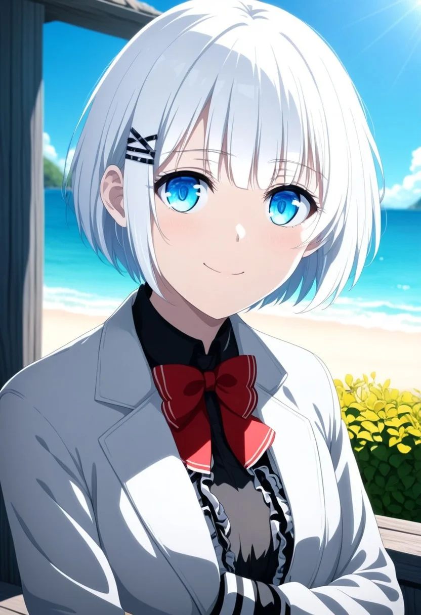 White hair, short hair, blue eyes, xhairclip hairclip, eye catching, siesta,
siesta, short hair, bangs, blue eyes, hair ornament, white hair, hairclip, smile,
BREAK dress, bow, bowtie, red bow, red bowtie, shirt, long sleeves, jacket, pantyhose, frills, shoes, grey jacket, open clothes, black shirt,
BREAK outdoors,
BREAK looking at viewer, dynamic pose, cowboy shot,
BREAK , (masterpiece:1.2), best quality, high resolution, unity 8k wallpaper, (illustration:0.8), (beautiful detailed eyes:1.6), extremely detailed face, perfect lighting, extremely detailed CG, (perfect hands, perfect anatomy),