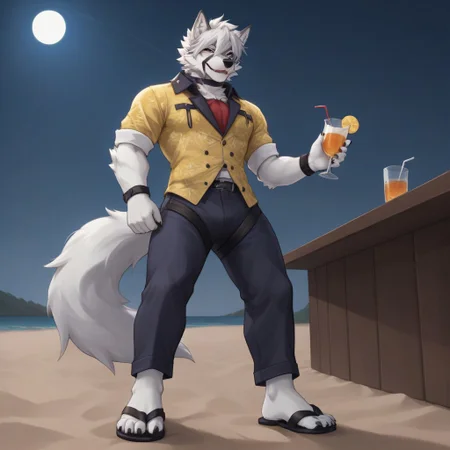 (((Barefoot furry character, full body, cinematic setting, furry male, plantigrade)))
(((front view from below))) on Von Lycaon, muscular white wolf, in a (((yellow Hawaiian shirt))) with green or purple pattern, wearing long blue pants, goth accessories on outfit, nice feet paws with four toes and claws, feet towards the viewer, feet POV, (((brown flip-flops))), (((shoeplay))), (((his feet playing with flip-flops))), dynamic pose, smile, drinks whiskey, drunk, sleepy, on beach, near beach bar, (((night))), (((outdoors))), focus on feet paws,
BREAK, intricate details, highly detailed, extreme detail, octane render, fine art, best quality, highres, (detailed face:1.5), ((full_body)), UHD, (((perfect hands))), low light, anime