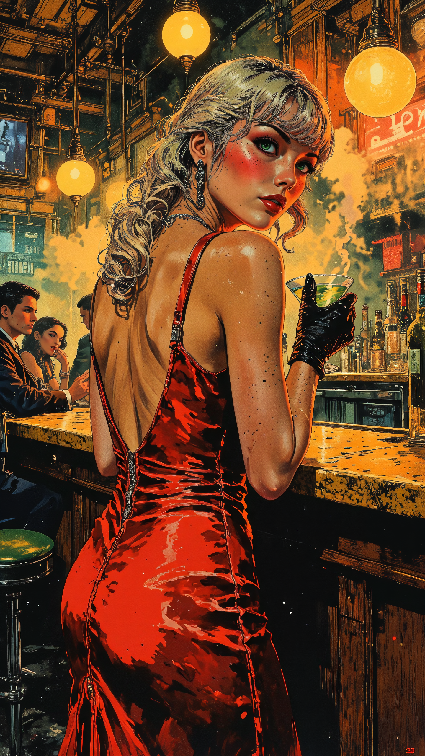 High-resolution anime-style illustration with expressive brushstrokes, bold contrasts, and vibrant Art Deco influences with a touch of Expressionism. A young woman lounges at the polished mahogany bar of an opulent 1920s nightclub, bathed in the golden glow of hanging chandeliers and neon reflections. Her platinum blonde hair is styled in classic finger waves, one loose curl framing her sharp, kohl-lined emerald eyes, half-lidded with a sultry expression. She wears a sleek, deep-red satin dress with a plunging back, its fabric clinging elegantly as she drapes one gloved arm over the bar, the other lazily swirling a martini glass between her fingers. Hints of midnight blue and violet shadows distort across the lacquered floor, cast by the shifting silhouettes of jazz musicians on a dimly lit stage. Behind her, swirling cigarette smoke rises from tables where men in tailored suits lean in close to whisper deals and secrets, while flapper girls in sequined dresses twirl in reckless laughter. The thick, painterly textures exaggerate the glow of the golden bar lights, casting an almost surreal, dreamlike haze over the decadent, roaring scene <lora:illustration:0.5> <lora:Vibrantly_Dark_style_v.1:0.7000000000000001> <lora:Vintage_comic_book:0.8>