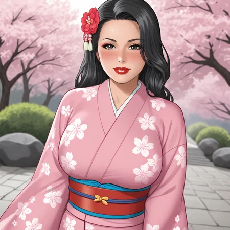 <lora:BlueBulleteer_pony_v1:.8> BlueBulleteer, 1girl, large breasts, lipstick,  makeup, black hair, long hair, red lips, cowboy shot,, japanese clothes, kimono, hair ornament, blush, hair flower, pink kimono, sash, obi, floral print, wide sleeves