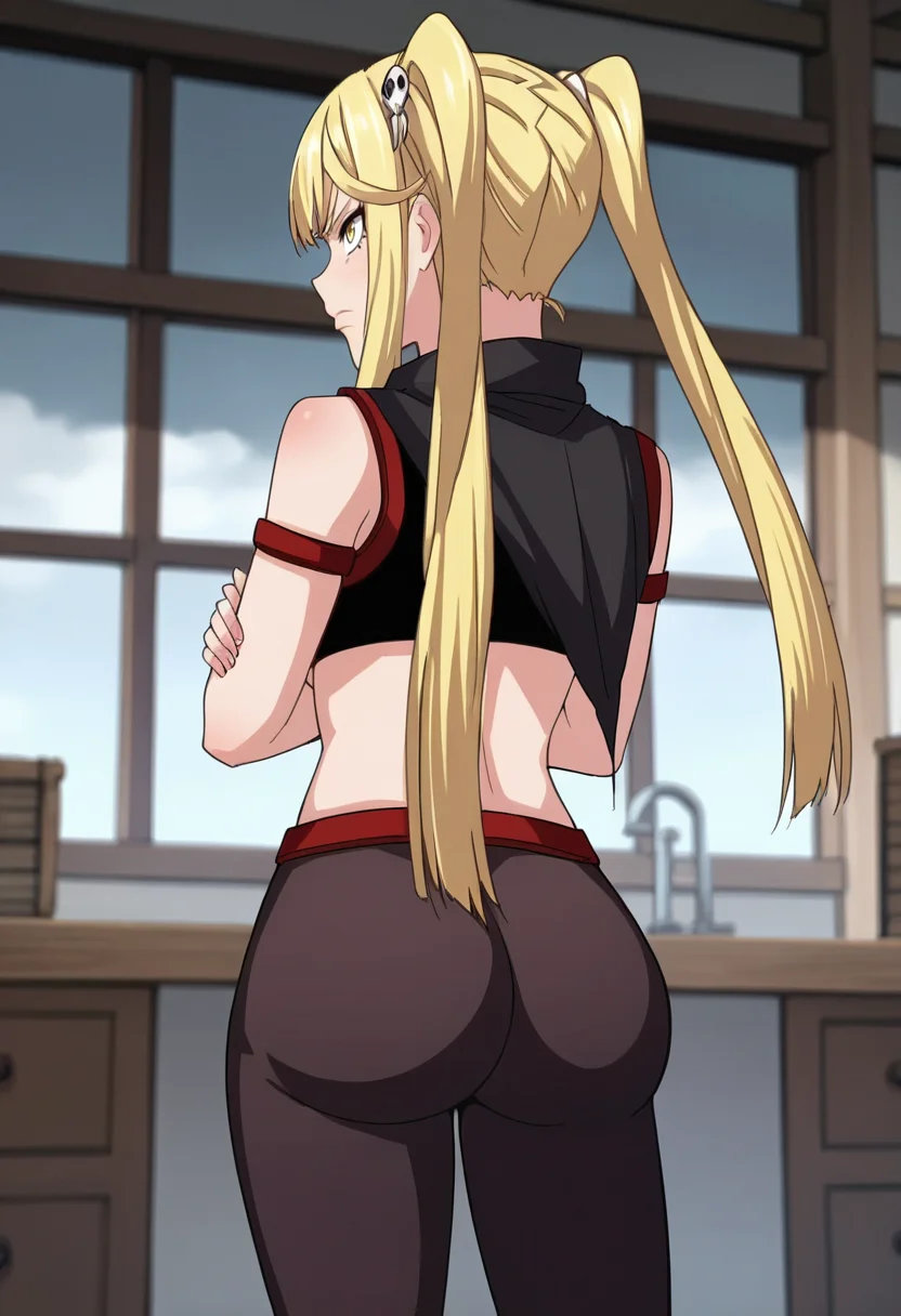 source_anime,anime screencap, anime coloring,intricate details,rating_explicit, masterpiece, best quality,
(best quality, absurd res, ultra detailed),,(4 finger:0.5),1girl, ((solo)), good eyes,perfect eyes,,detailed eyes, zPDXLxxx , zPDXL3, OverallDetail,detailed, detailed face
BREAK
solo,indoors,standing,from behind,
yue3r,
blonde hair, long hair, twintails, bangs, yellow eyes, side locks, hair ornament, navel, cape, crop top, leggings, brown leggings, skin tight, big ass, angry, crossed arms
, <lora:add-detail-xl:5>  <lora:yueer:0.8>