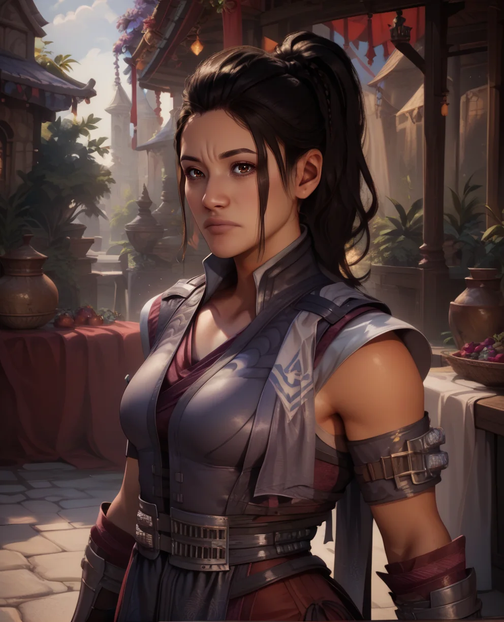 score_9,score_8_up,score_7_up,
limeixl,black hair,brown eyes,ponytail,dress,pelvic curtain,
standing,upper body,
vest,detached sleeves,red pants,purple gauntlets,
looking at viewer,
fantasy,marketplace,<lora:LiMeiMK1:1>, solo,