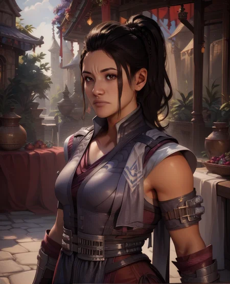 score_9,score_8_up,score_7_up,
limeixl,black hair,brown eyes,ponytail,dress,pelvic curtain,
standing,upper body,
vest,detached sleeves,red pants,purple gauntlets,
looking at viewer,
fantasy,marketplace,<lora:LiMeiMK1:1>, solo,