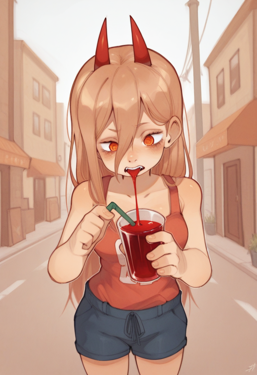 04N1M3R3style, masterpiece, best quality, solo,                                                                                   power \(chainsaw man\),  red horns, drinking blood smoothie, straw, street, warm colors, sunny,