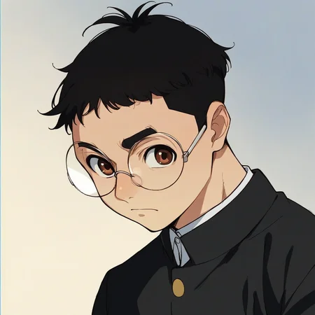 ken, 1boy, score_9, score_8_up, score_7_up, source_anime, looking at viewer, gradient background, black hair, brown eyes, glasses, school uniform, standing, upper body, round eyewear <lora:ken-ponyXL-v0.5:0.9>