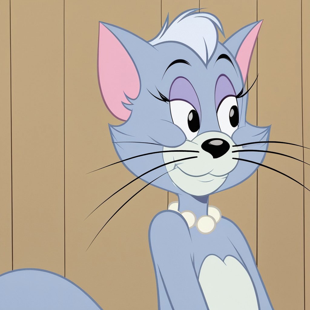 score_9, score_8, score_7, EdnaTJ, furry, pearl necklace, cat, solo, furry, cat, furry female, whiskers, tail, cat ears, upper body, standing, solo, closed mouth, smile