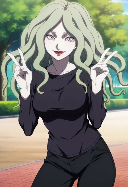 looking at viewer, solo,park,day,cowboy shot,
<lora:Slan 4:1> slan, grey eyes, slit pupils, long hair, tentacle hair, green hair, makeup, lipstick, red lips, pale skin, breasts,
black shirt, long sleeves, black pants, double v, smile,
anime screencap, masterpiece, best quality,