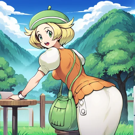 score_9, score_8_up, score_7_up, score_6_up, score_5_up, score_4_up, <lora:Bianca_Pokemon_BW1:1>, bianca \(pokemon\), bianca \(pokemon\), 1girl, solo, breasts, looking at viewer, open mouth, skirt, hat, dress, ass, short sleeves, pantyhose, outdoors, sky, teeth, day, tongue, puffy sleeves, looking back, cloud, bag, :o, tree, blue sky, upper teeth only, white skirt, grass, wristband, handbag, shoulder bag, fence, green headwear, stool, orange pantyhose, green bag, orange vest, green eyes, blonde hair, beret, puffy short sleeves, short hair