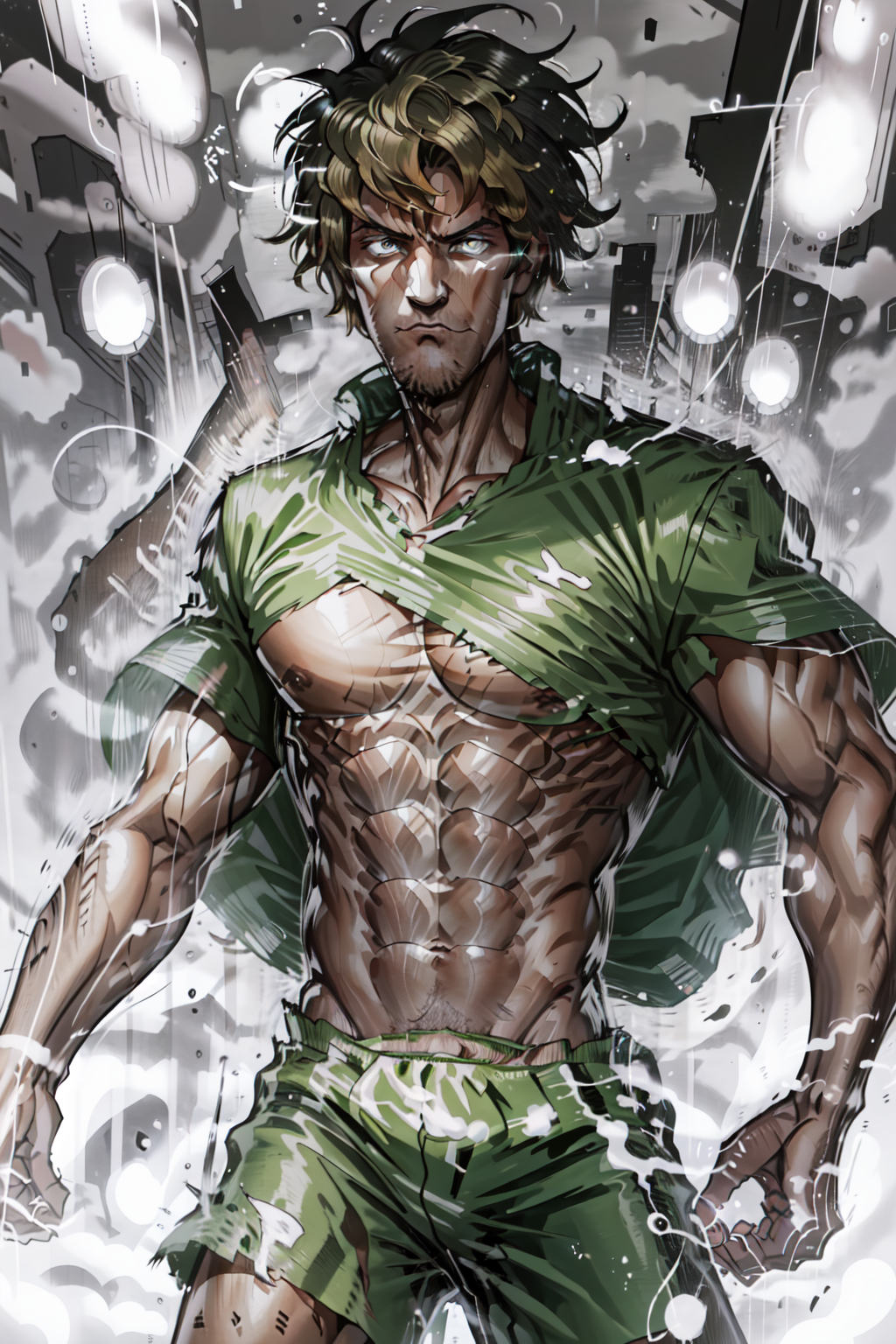 best quality, intricate details,
 1boy, buff, manly, masculine, body builder, ripped shirt, Shaggy Rogers,  <lora:shaggyRogers1_v10:0.8>
 <lora:rageModeLoraTest_v10:0.35> ragemod, wild hair, destruction,  <lora:flamingEyeConcept_flamingEye:0.8> white flaming eye,  white eye trail,