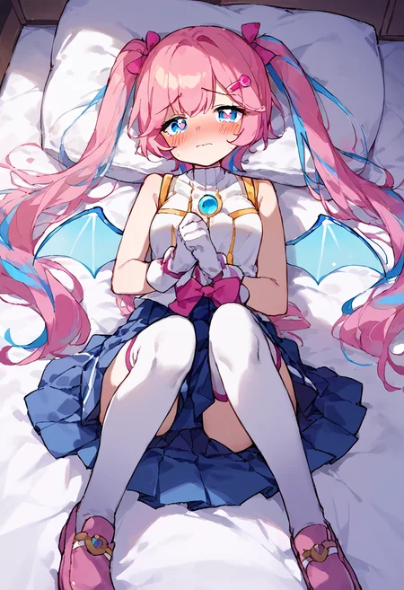 score_9,score_8_up,score_7_up,source_anime,zPDXL3,bedroom,nervous,blush,
*//*,<lora:Angelic_Buster-v1.0:1.1>,ab_remaster,1girl,pink hair,(multicolored hair,blue hair,:1.1)long hair,blue eyes,twintails,white gloves,sleeveless,white thighhighs,wings,pleated skirt,bangs,symbol-shaped pupils,heart-shaped pupils,hairclip,pink bow,pink footwear,
*//*,lying,on back,(half undress,undressing:1.2),