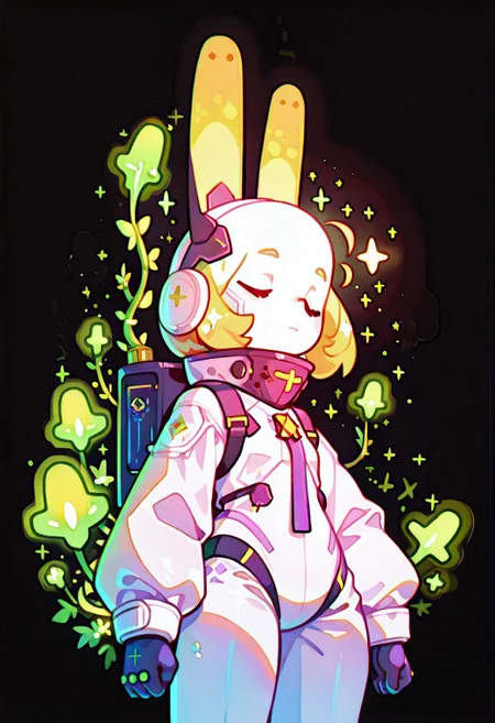 <lora:ck-shadow-circuit-IL:0.78>,
masterpiece, best quality, good quality, very aesthetic, absurdres, newest, 8K, depth of field, focused subject,
1girl, solo, A highly detailed anime-style illustration of a young astronaut with a transparent space helmet, filled with lush green plants and glowing flowers. Her face is calm, eyes gently closed, as if in deep thought or sleep. The helmet acts as a self-sustaining biosphere, with vines growing inside. The suit is a fusion of futuristic cyberpunk aesthetics and organic elements, featuring metallic tubes and intricate bio-mechanical details. The lighting is soft and warm, casting a golden glow on the plants and the astronaut’s delicate face. The background is minimalistic, textured, and slightly aged, emphasizing a dreamlike, melancholic atmosphere. Style: semi-realistic, anime, soft shading, high detail, sci-fi botanical theme
 , black background
<lora:MoriiMee_Gothic_Niji_Style_Illustrious_r1:0.45>
<lora:ck-nc-cyberpunk-IL-000011:0.4>
<lora:ck-neon-retrowave-IL:0.2>