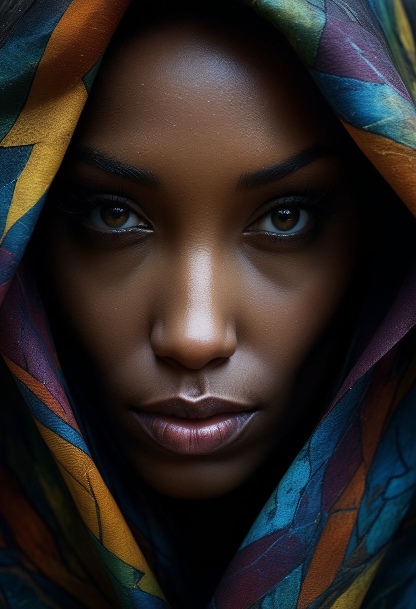 Close-up face, mysterious silhouette of an exotic coloured woman in worn down cape, goddess, alluring, by Minjae Lee, Carne Griffiths, Emily Kell, Steve McCurry, Geoffroy Thoorens, Aaron Horkey, Jordan Grimmer, Greg Rutkowski, amazing depth, double exposure, surreal, geometric patterns, intricately detailed, bokeh,  perfect balanced, deep fine borders, artistic photorealism , smooth,  great masterwork by Suiras  <lora:add-detail-xl:2>  <lora:Double_Exposure:0.5>