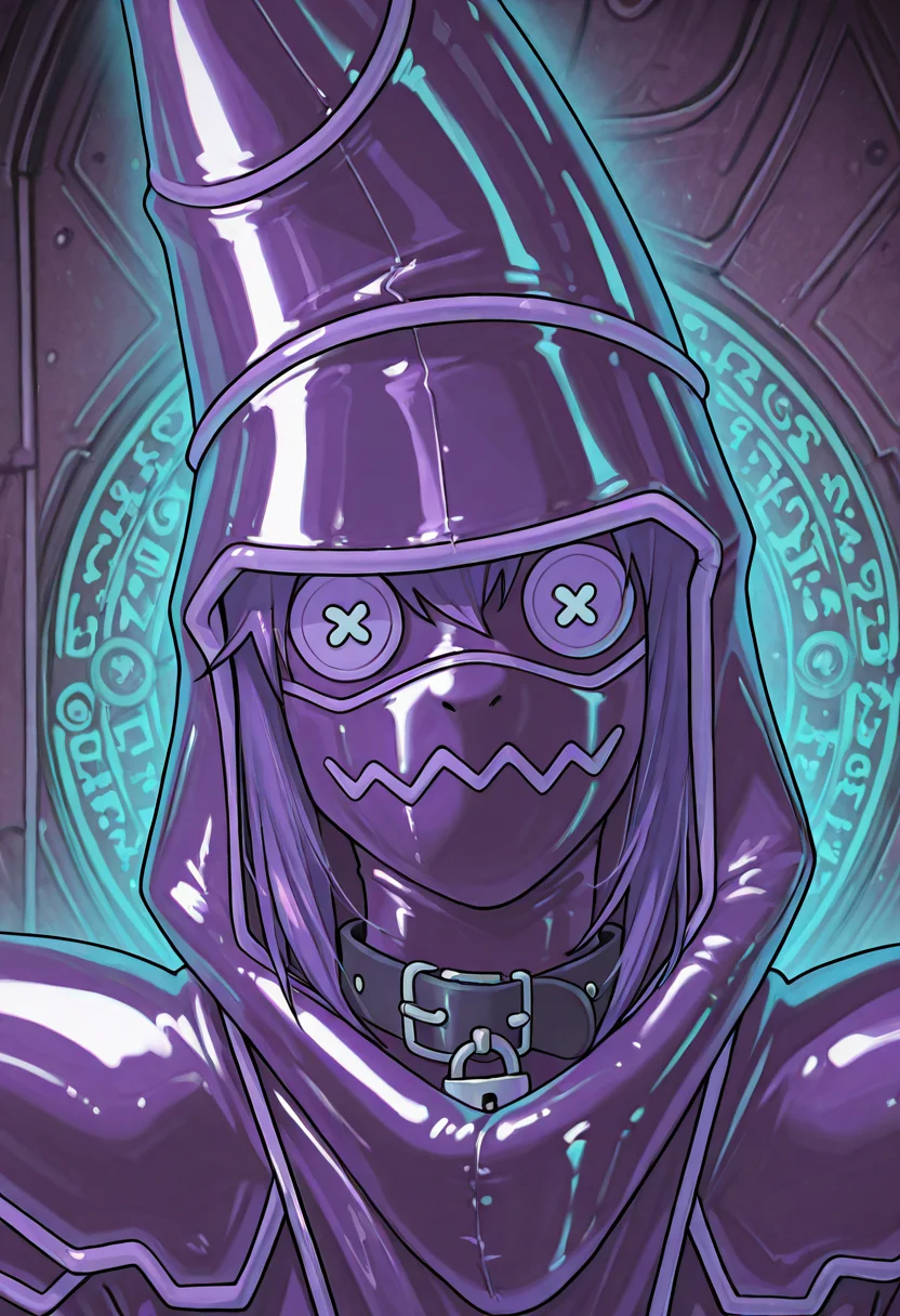 score_9,score_8_up,score_7_up,<lora:darkmagician_dataset_01_v11>,dkmgcn,1boy,solo,purple hair,glowing purple eyes,neutral expression,magician robe,duel_monsters,cinematic,film screenshot,chromatic_aberration,film_grain,low contrast,close up,portrait,three quarters angle,<lora:Shirabe_Shiki_Style_IllustriousXL:0.7>,<lora:KonyaKarasue-Lokr-NOOBEPS110:0.7>,masterpiece,high quality,score_9,score_8_up,score_7_up,1girl,solo,shiny,<lora:LoraBYIL_living_inflatable:0.7>,<lora:living_plushies2-10:0.6>,<lora:ILL:0.4>,latex skin,living inflatable,bylivinginflatable,animate inanimate,collar,[bag over head::0.1],mask,button eyes,cosplay,covered face,padlock,animal collar,covered neck,full body,stitch mouth,