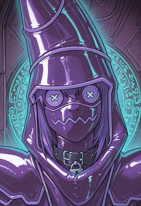 score_9,score_8_up,score_7_up,<lora:darkmagician_dataset_01_v11>,dkmgcn,1boy,solo,purple hair,glowing purple eyes,neutral expression,magician robe,duel_monsters,cinematic,film screenshot,chromatic_aberration,film_grain,low contrast,close up,portrait,three quarters angle,<lora:Shirabe_Shiki_Style_IllustriousXL:0.7>,<lora:KonyaKarasue-Lokr-NOOBEPS110:0.7>,masterpiece,high quality,score_9,score_8_up,score_7_up,1girl,solo,shiny,<lora:LoraBYIL_living_inflatable:0.7>,<lora:living_plushies2-10:0.6>,<lora:ILL:0.4>,latex skin,living inflatable,bylivinginflatable,animate inanimate,collar,[bag over head::0.1],mask,button eyes,cosplay,covered face,padlock,animal collar,covered neck,full body,stitch mouth,