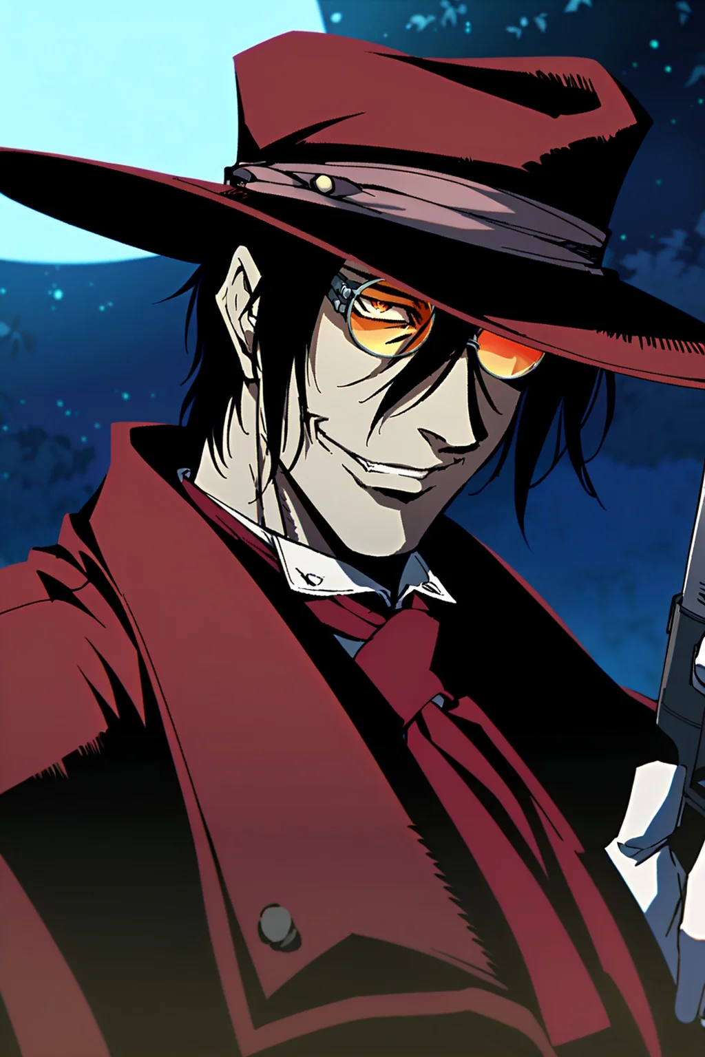 score_9, score_8_up, score_7_up, BREAK 1boy, solo, male focus, BREAK alucard \(hellsing\), red eyes, black hair, red coat, red ascot, black pants, black shirt, open mouth, grin, pale skin, white gloves, round eyewear, hat, BREAK dark, night sky, starry sky, full moon, close-up, holding gun, looking at viewer, <lora:ALUCARD:0.95>,