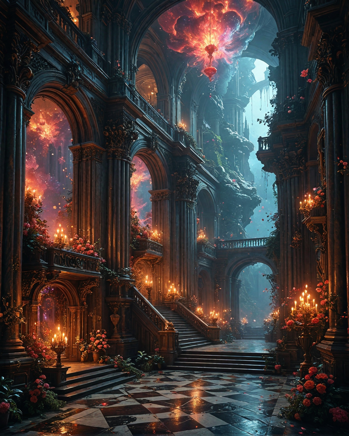 Staircases to inverted dimensions, Obake, obsidian-shard archive with,
 plasma-tube filaments, Biopunk living membranes, psychic-energy focus pillars in, floating-nebula islands, Solarpunk hydroponic spirals style, crimson aurora borealis over geometric flats,
<lora:tbh124-sdxl:0.15> style of Jean-Antoine Watteau,
<lora:tbh129-sdxl:0.15> style of Michael Cheval,
<lora:Sinozick:0.15>,
<lora:add-detail-xl:0.7>,
<lora:aidmaMJ6.1_v0.5_2:0.3> aidmamj6.1,
<lora:Flux-XL_Scenery:0.15> flux-scenery,
<lora:Flux-style-xl-lora:0.15> flux-style,
8K resolution, ultra-detailed cinematic composition, contemporary concept art style, volumetric magical atmosphere with ethereal glow, rich complementary color palette, vivid gradients and chiaroscuro contrast, dynamic perspective with layered depth of field, inspiring awe-inspiring mood, Unreal Engine 5 render quality, intricate textures, flawless anatomy, rule of thirds composition, luminous highlights, surreal ambiance, award-winning illustration, harmonious balance of light and shadow, photorealistic details, ArtStation trending, chromatic accents, nostalgic futurism, dreamlike serenity, bold creativity, professional finish, sharp focus, ambient background, fascinating dynamic motion,, Baroque art style, dynamic composition, dramatic lighting, rich colors, intricate details, professional-grade execution, captures the grandeur and theatricality of the Baroque period