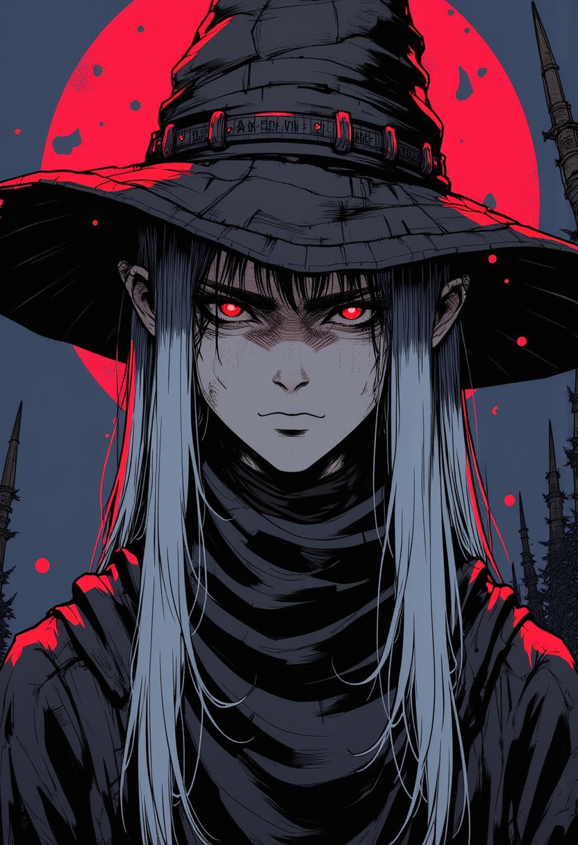 rough sketch style, intense portrait of a dark blue elf woman with a cold, calculated, and extremely calm expression, wearing a large, tattered witch hat and a black scarf wrapped tightly around her neck. Her skin is a deep midnight blue, with sharp, angular features that convey an unyielding, composed presence. Her glowing electric blue eyes are serene, yet piercing, displaying a controlled intensity as if every move is carefully planned. The oversized witch hat sits with a slight tilt, adorned with faint silver runes that have aged over time. Her long, white hair flows from beneath the hat, smooth and perfectly arranged, emphasizing her composed demeanor. The black scarf wraps snugly around her neck, its texture rough but elegantly draped, with the ends hanging loosely down her chest. Her lips are set in a neutral, almost emotionless line, with no signs of aggression or tension. The rough sketch lines are sharp and precise, with minimal shading to highlight her immaculate calmness and the cold precision of her expression. The background features a glowing red moon in a pitch-black sky, casting an eerie, ominous glow around her figure. The contrast between the dark sky and the blood-red moon adds an unsettling, otherworldly atmosphere, perfectly complementing the elf's poised yet threatening presence.
S1n0z1ck style