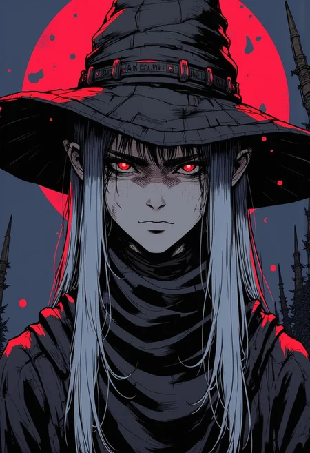 rough sketch style, intense portrait of a dark blue elf woman with a cold, calculated, and extremely calm expression, wearing a large, tattered witch hat and a black scarf wrapped tightly around her neck. Her skin is a deep midnight blue, with sharp, angular features that convey an unyielding, composed presence. Her glowing electric blue eyes are serene, yet piercing, displaying a controlled intensity as if every move is carefully planned. The oversized witch hat sits with a slight tilt, adorned with faint silver runes that have aged over time. Her long, white hair flows from beneath the hat, smooth and perfectly arranged, emphasizing her composed demeanor. The black scarf wraps snugly around her neck, its texture rough but elegantly draped, with the ends hanging loosely down her chest. Her lips are set in a neutral, almost emotionless line, with no signs of aggression or tension. The rough sketch lines are sharp and precise, with minimal shading to highlight her immaculate calmness and the cold precision of her expression. The background features a glowing red moon in a pitch-black sky, casting an eerie, ominous glow around her figure. The contrast between the dark sky and the blood-red moon adds an unsettling, otherworldly atmosphere, perfectly complementing the elf's poised yet threatening presence.
S1n0z1ck style