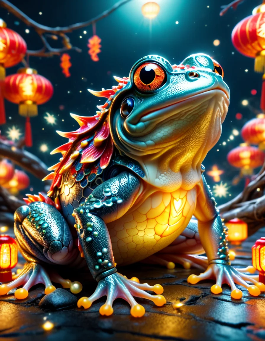 macro photo, a beautiful frog, glowing lights, beautiful magical sparkles, vibrant whimsical colors, made of ral-lnrnwyr <lora:ral-lnrnwyr-sdxl:1>