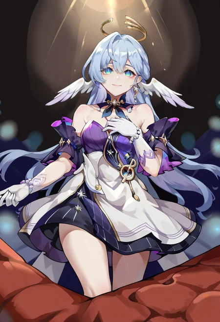 score_9, score_7_up, source_anime, BREAK solo, <lora:Char-HonkaiSR-Robin-Pony-V1:0.9> robin \(honkai: star rail\), head wings, halo, earrings, detached collar, sleeveless dress, detached sleeves, white gloves, blue pumps, light smile, (hand on own chest:1.2), outstretched arm, stage, spotlight, <lora:kumiko_aleron_style:0.8> kumiko_aleron_style,
