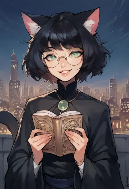 score_9, score_8_up, score_7_up, score_6_up, (high quality, masterpiece),
(2d, traditional media, sketch, watercolor),
1girl, solo, catgirl, animal ears, cat ears, black hair, bob cut, bangs, messy hair, cat tail, green eyes, small round rimless glasses, small breasts, looking at viewer, smile, parted lips, black robes, mage, holding book, upper body,
night, skyscraper, lamppost, scenery,
